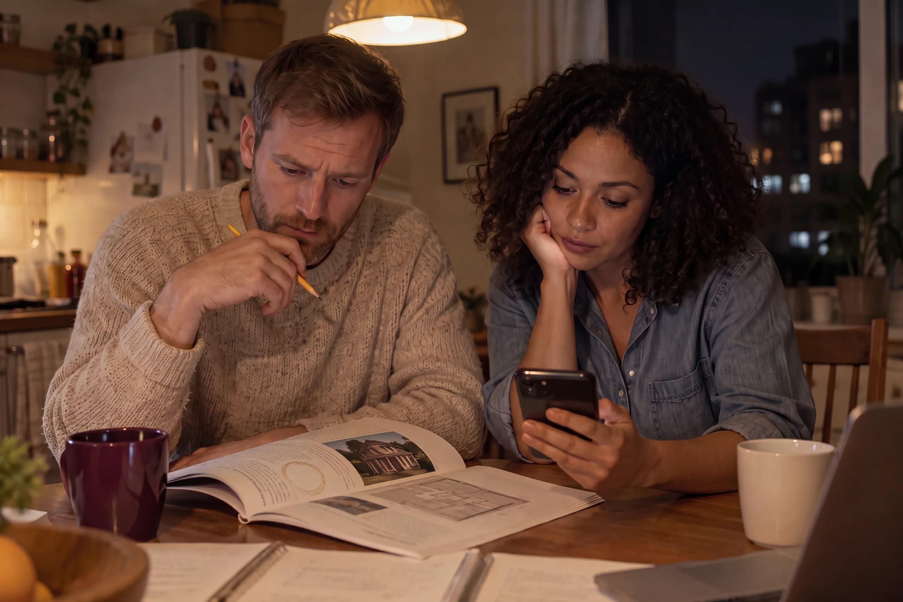 A couple at a kitchen table late at night with a homebuyer workbook and a phone, looking worried