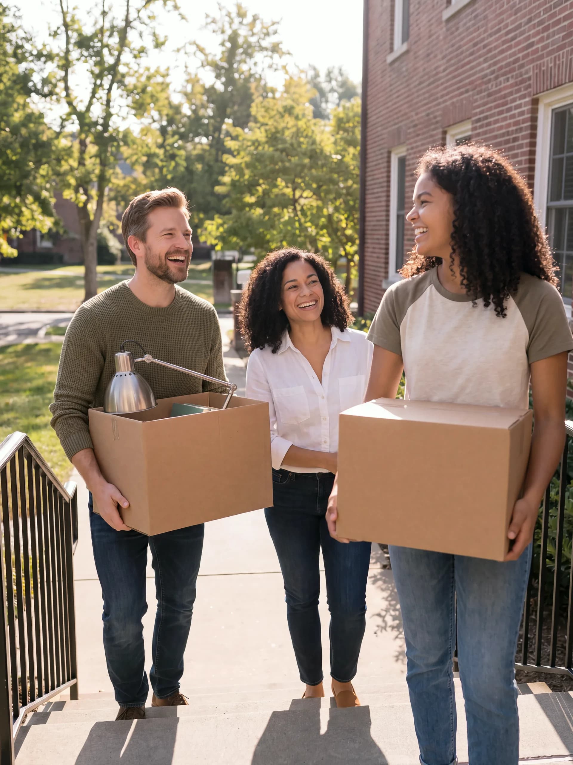 The couple helping their daughter carry boxes and a lamp up the steps of her college residence hall
