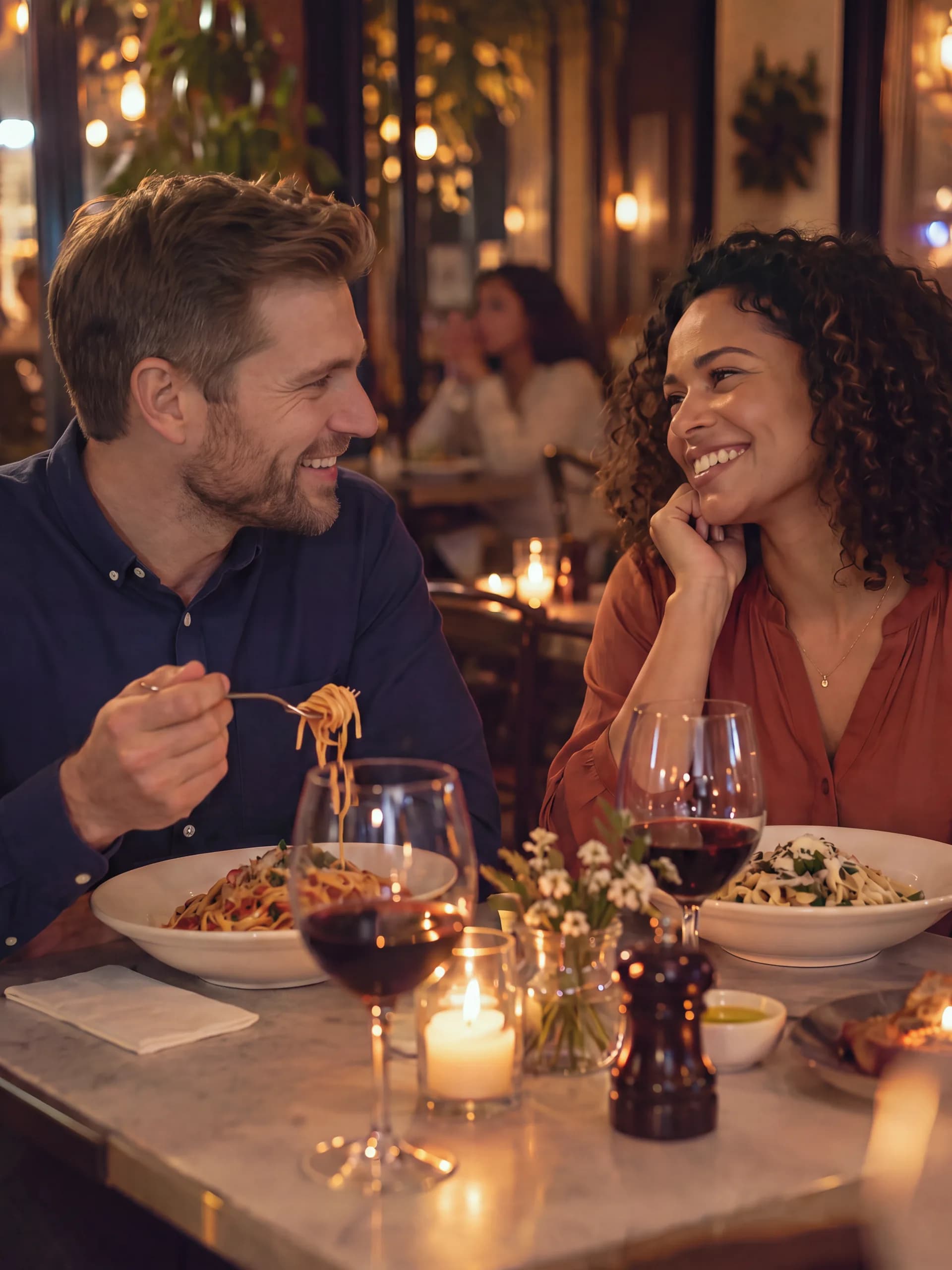 The couple laughing over dinner at a candlelit restaurant