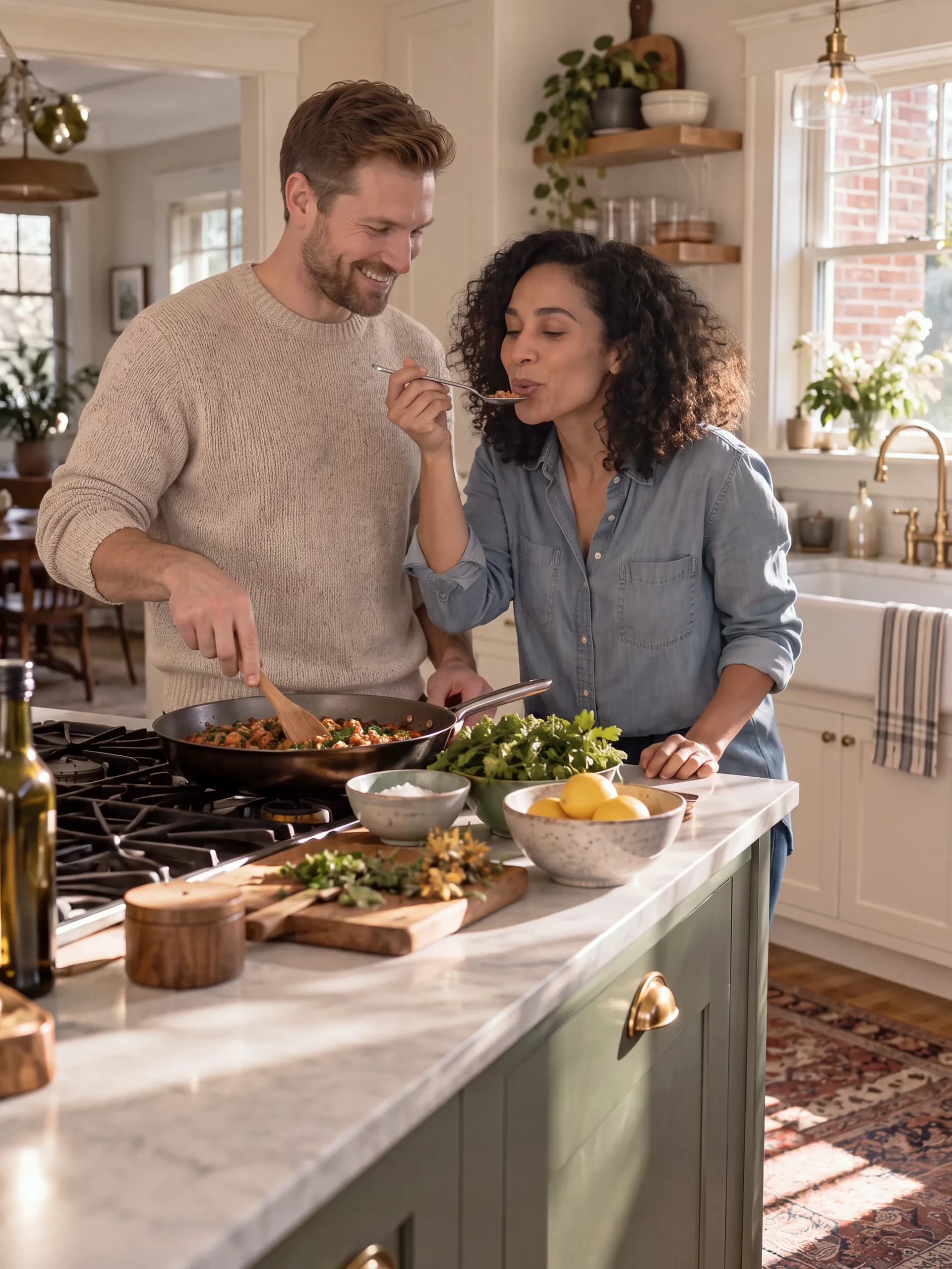 The couple cooking together in their renovated kitchen