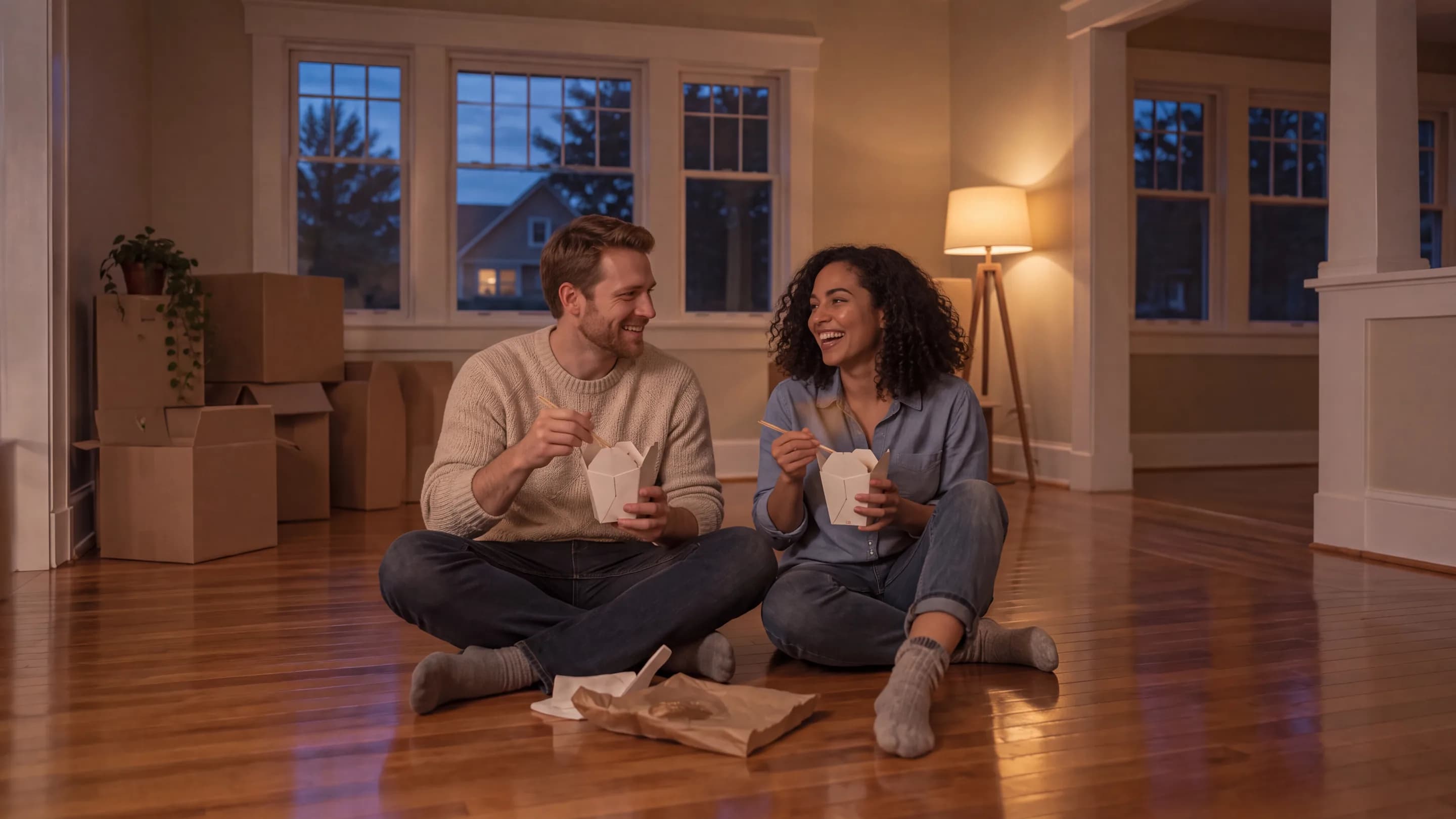 The couple sitting on the floor of their empty new living room among moving boxes, laughing over takeout