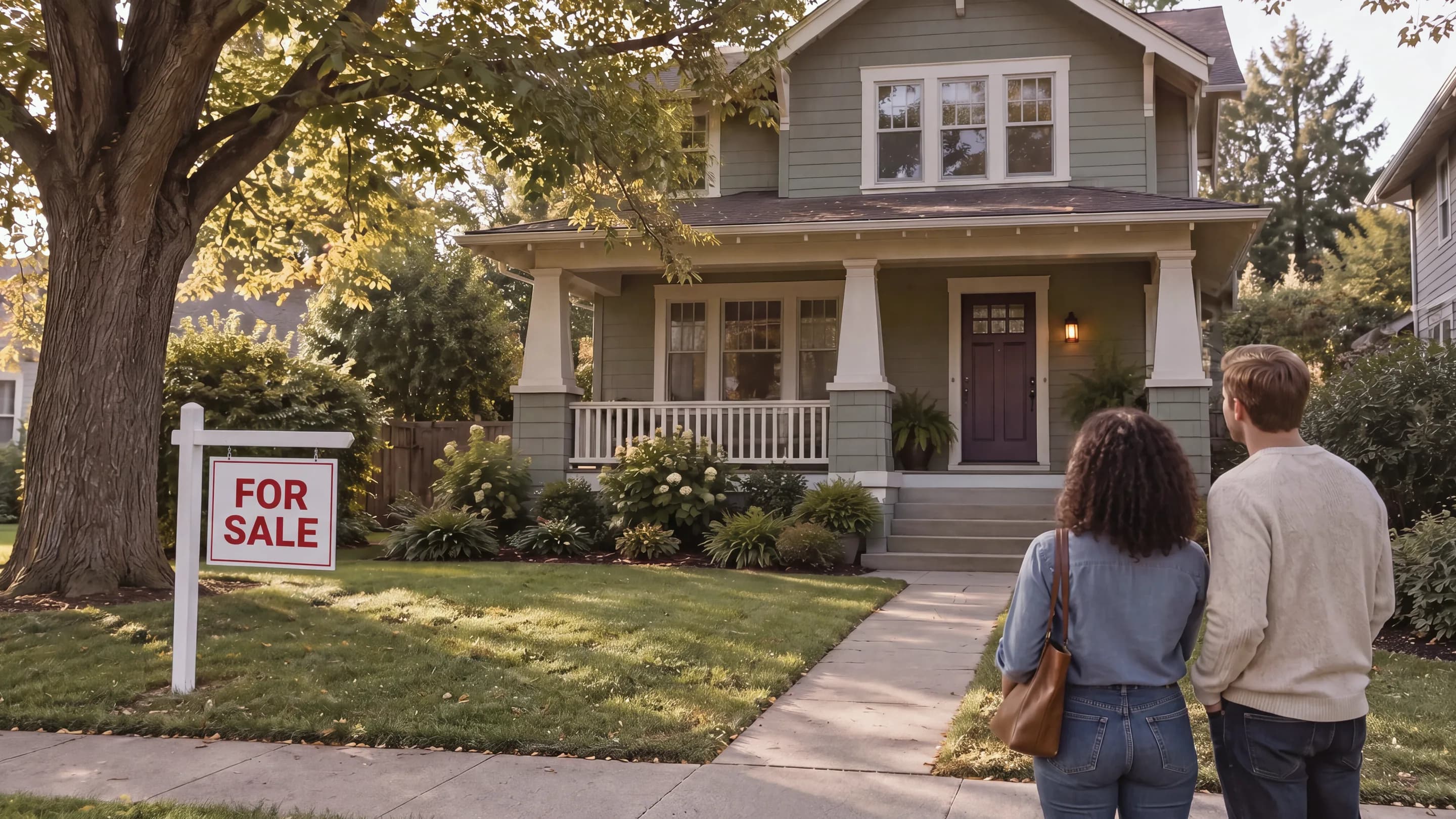 A couple seen from behind on the sidewalk, looking up at a sage-green craftsman house with a plum front door and a For Sale sign on the lawn