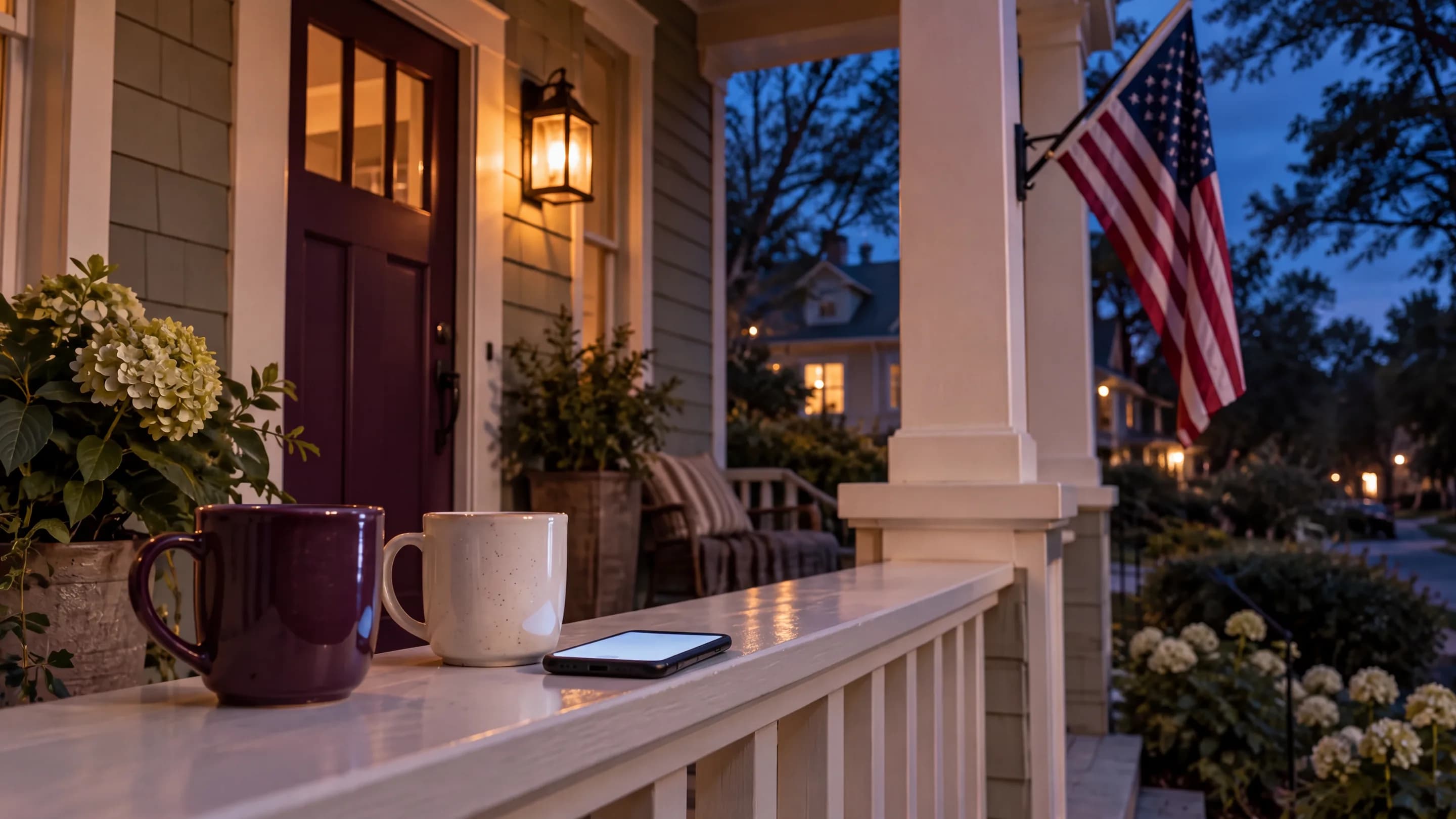 A front porch at blue hour: the porch light on, an American flag on the post, two mugs and a phone on the rail