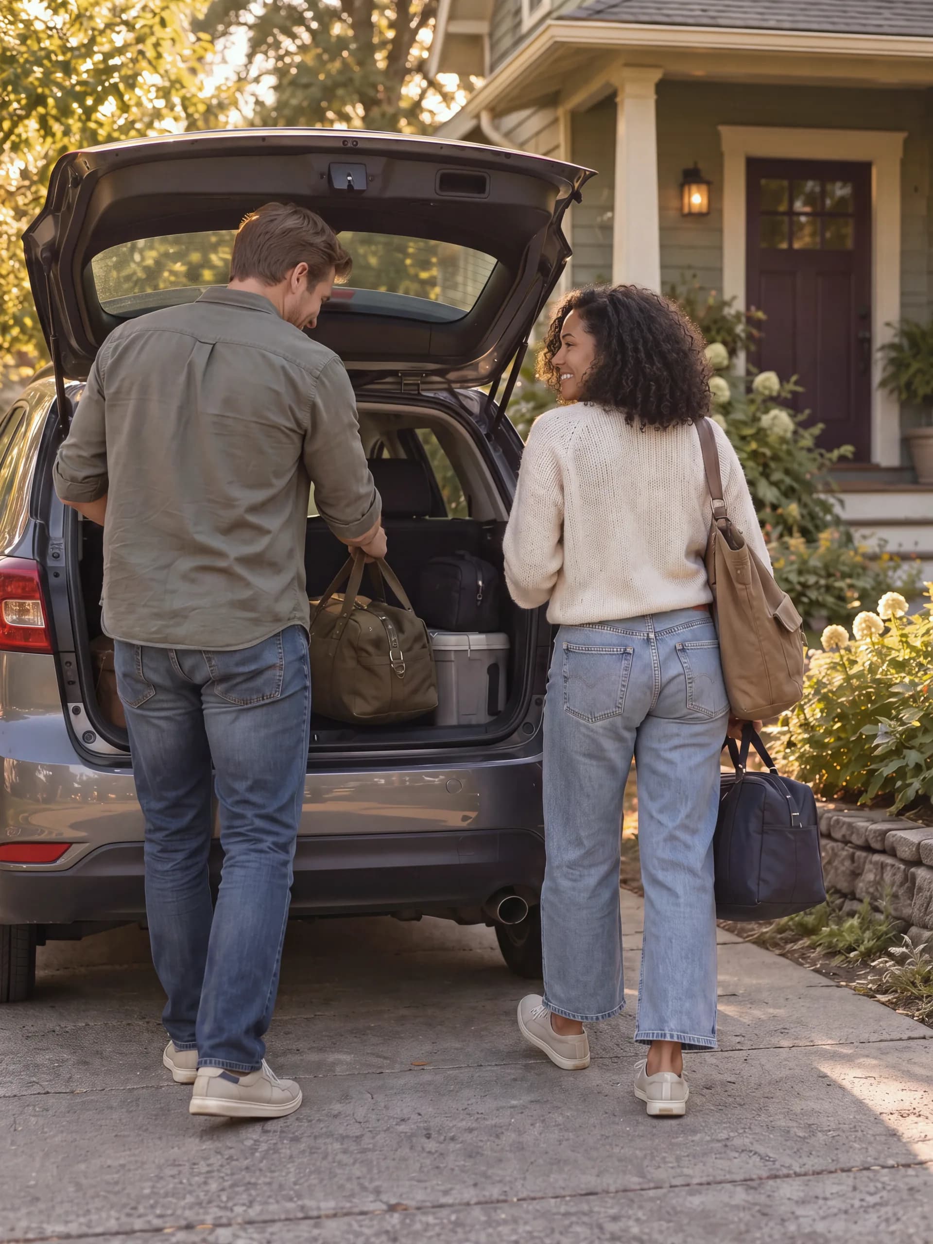 The couple loading weekend bags into their car in the driveway of their house